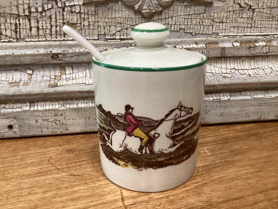 Adam’s Sporting Scenes Lidded Mustard Jam Jar England Vintage