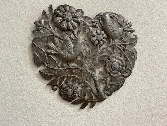 Recycled Metal Wreath Heart Flowers With Birds