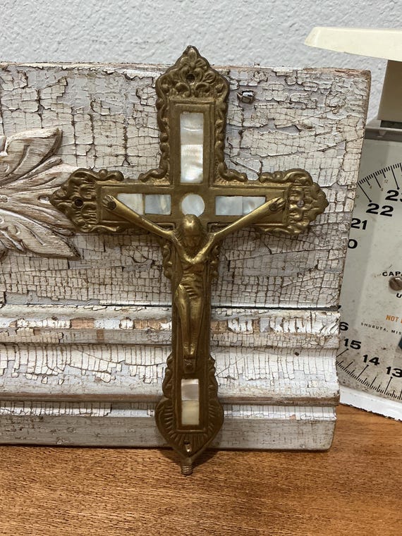 Vintage Brass Mother-of-Pearl Cross Crucifix