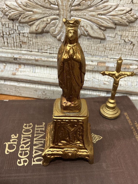 Gold Mary on Pedestal Figurine Metal 5”