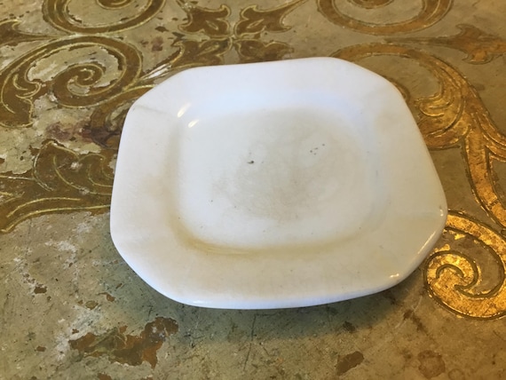 Ironstone Butter Pat Square Stained Crazed 2.75”