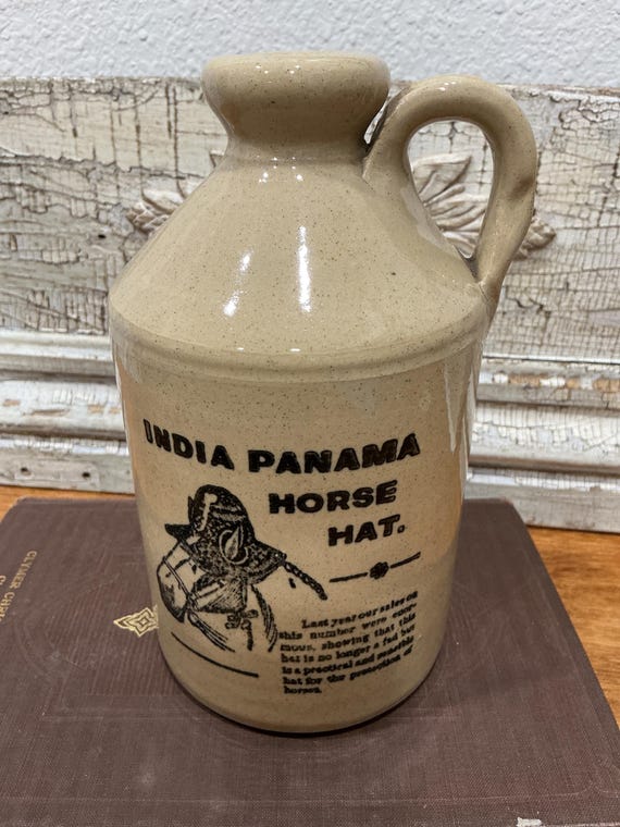 English Stoneware Advertising Jug India Panama Horse Hat