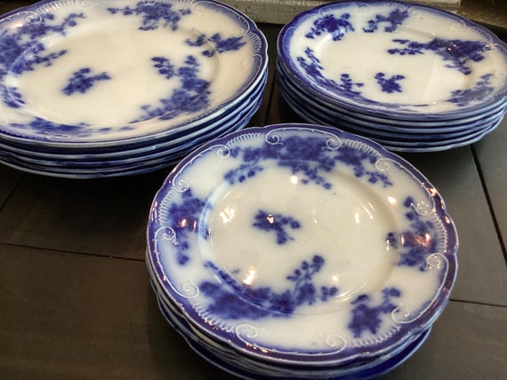 WH Grindley Marechal Neil Plates Flow Blue England 1800s