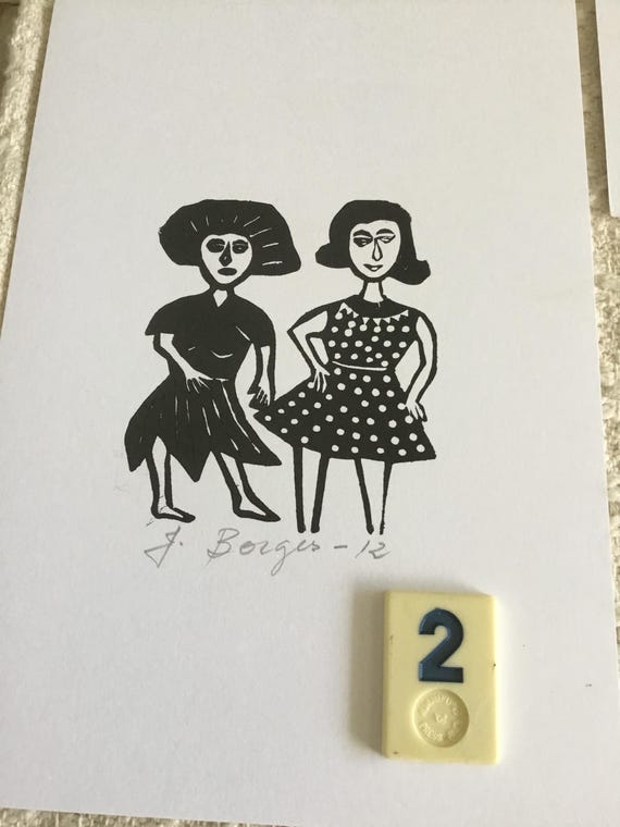 J Borges Woodblock Prints Women Dancing Family Dog
