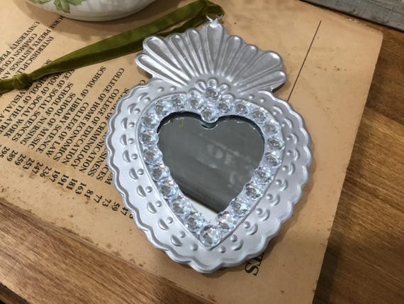 Silver Rhinestone Mirrored Sacred Heart Jeweled