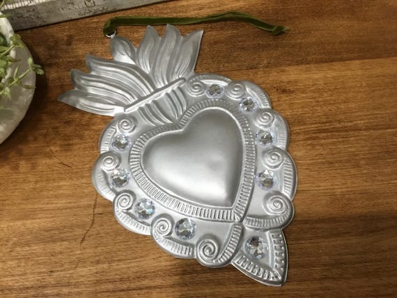 Rhinestone Silver Flaming Sacred Heart Large Jeweled