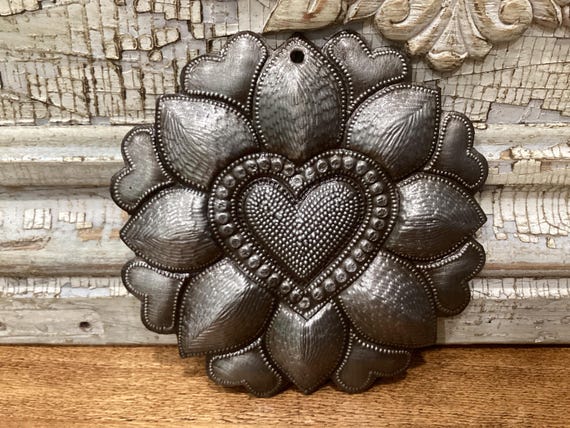 Silver Metal Heart With Petals Haitian Art