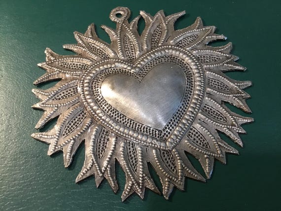 Haitian Silver Sacred Heart Flowers Handmade Metal