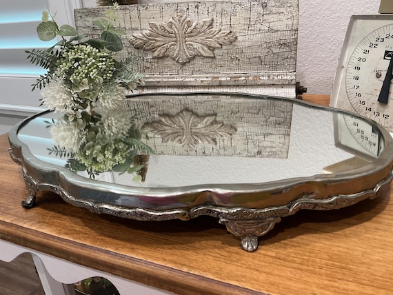 Vintage Victorian Mirror Vanity Tray Silver Tone Base Footed