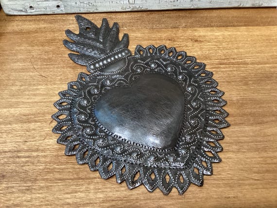Silver Sacred Heart Flaming Haitian Art Religious Decor