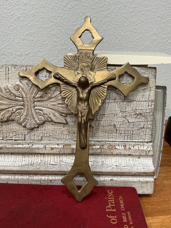 Vintage Solid Cast Brass INRI Wall Crucifix Sunburst