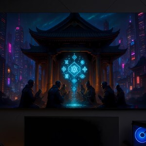 Cyberpunk Artwork in Landscape Format, Digital Wall Art, Futuristic Sci-Fi Poster Neon Ritual in Retro-Futuristic Temple