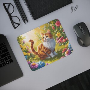 Floral Cat Mouse Pad, Cute Cat Desk Accessory, Computer Mousepad for Pet Lovers, Office Decor, Gift for Cat Owners