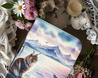 Artistic Cat Bible Cover with Scenic Design, Spiritual Journal Holder, Cats Gift, Handmade Book Cover, Nature Lover Accessory