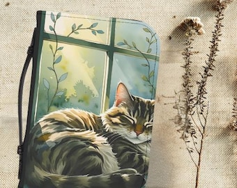Cozy Cat Bible Cover, Cat Lover Gift, Personalized Bible Holder, Inspirational Journal Case, Ideal for Church or Home