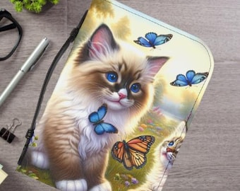 Whimsical Cat Bible Cover - Floral Feline Design, Bible Case, Cat Lover Gift, Spiritual Journal, Butterfly Print