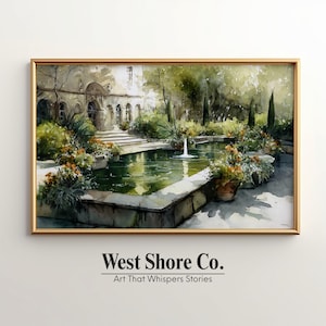 French Garden Fountain Art – Elegant Watercolor Print of Courtyard & Stone Pond, European Chateau Wall Decor 67