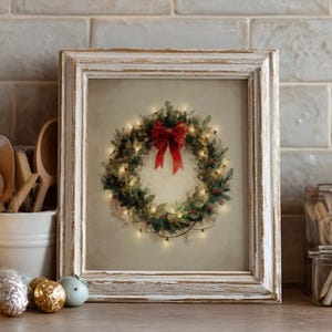 Vintage Christmas Wreath Watercolor Print: Red Bow Holiday Wall Art (Digital Download)
