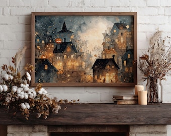 Whimsical Halloween Village Art Print: Spooky Cottagecore Decor (Digital Download)