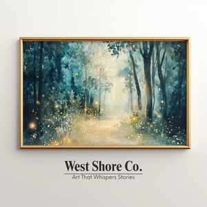 May include: A framed watercolor painting of a forest scene with a path leading into a bright, glowing area. The artwork features a gold frame and the text "West Shore Co. Art That Whispers Stories" at the bottom.