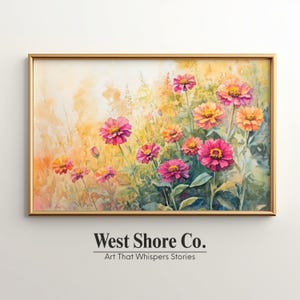 Zinnia Wildflower Wall Art – Pink & Peach Watercolor Print, Summer Cottagecore Floral Decor 51