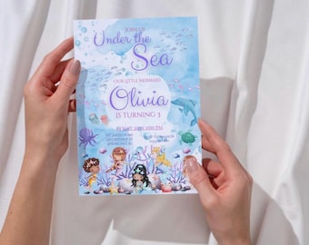 Girl Birthday “Under the Sea” Invitation Template, Mermaid Girl Birthday, Ocean Invite, Third Birthday, Toddler Party Invite