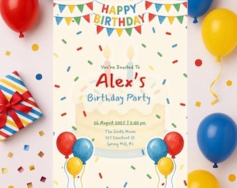 Cake & Balloons Birthday Party Invitation: Canva Template (Digital Download 4x6, 5x7)