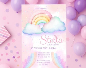Rainbow Birthday Invitation Template: Girl Toddler Party, Canva (Digital Download)
