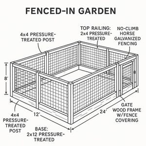 Op de afbeelding: Diagram van een omheinde tuinconstructie. Het ontwerp omvat een rechthoekig frame met afmetingen van 3,66 m x 7,32 m en 2,44 m hoog. Het heeft onder druk behandelde palen, een bovenste reling en een klimvrije gegalvaniseerde paardenomheining. De poort is van hout met een hekafwerking.