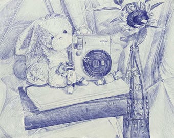 ヴァニタス・イン・ブルー アートプリント | 静物画 青ペン画 | アーカイブアートプリント