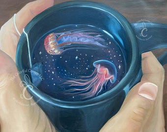漂流アートプリント | ティーカップの中のクラゲの油絵 | アーカイブアートプリント