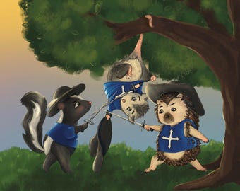 三銃士のアートプリント｜スカンク、ポッサム、ハリネズミの剣戟デジタルアート作品