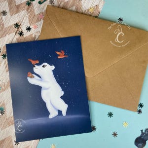 Polar Bear and Birds Card | Holiday card | Post Card