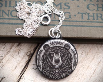 Handmade Ceramic Bear Pendant with a Sterling Silver Necklace, Folk Art.
