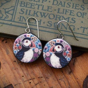Handmade ceramic puffin earrings with sterling silver ear hooks. Handmade in North Yorkshire-Nature lover gift-Bird lover gift