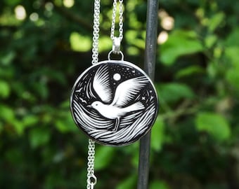 Handmade Ceramic Seagull Pendant – Platinum Lustre, Sterling Silver Chain