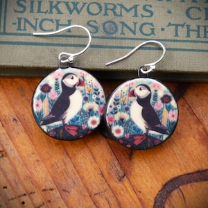 Handmade ceramic puffin earrings with sterling silver ear hooks. Handmade in North Yorkshire-Nature lover gift-Bird lover gift