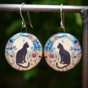 Handmade ceramic black cat earrings, folk art design with sterling silver ear hooks. Handmade in N Yorks.- Cat lover gift