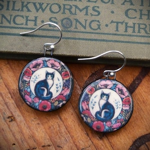 Handmade ceramic cat earrings, folk art design with sterling silver ear hooks. Handmade in N Yorks.- Cat lover gift