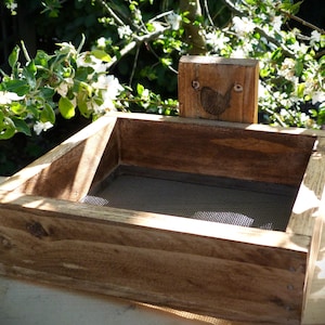 Handmade hanging wooden and mesh bird feeder tray, wall mountable bird table, bird feeder hanging station, wild bird feeding station.
