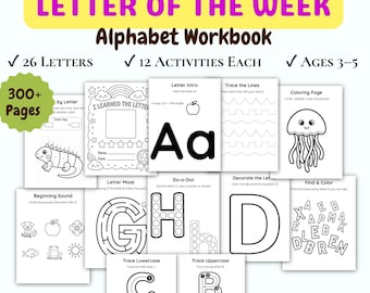 Printable Letter of the Week Alphabet Workbook, Preschool Homeschool Tracing Worksheets, Toddler Coloring Activity, Pre-K Curriculum