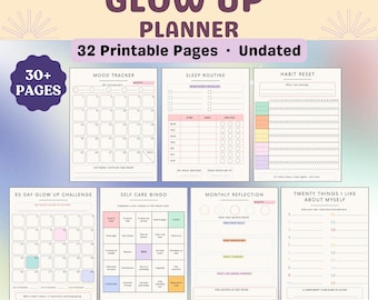 Printable Glow Up Planner Bundle, 30 Day Challenge, Sleep Routine, Wellness Journal, Self Improvement Planner, A4 US Letter PDF