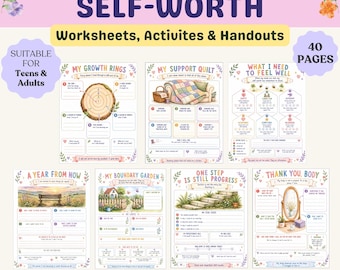 Illustrated Self-Worth Worksheets, Printable Self-Esteem Therapy Bundle, Teen Adult Confidence Workbook, Boundaries Self-Love Handouts