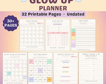32 Page Glow Up Planner Printable, Self Care and Habit Tracker, Mood Tracker, Monthly Reflection, Undated A4 US Letter PDF