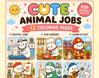 Kawaii Cute Animal Jobs Coloring Pages, Career Community Helpers Printable, Kids Preschool Coloring Book PDF