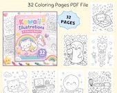Kawaii Coloring Pages PDF, Cute Kawaii Illustrations, Kids Coloring Pages, Printable Coloring Book, 32 Pages