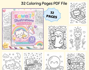 Kawaii Coloring Pages PDF, Cute Kawaii Illustrations, Kids Coloring Pages, Printable Coloring Book, 32 Pages