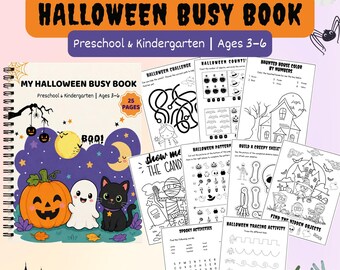 Cute Halloween Busy Book Printable, Preschool Kindergarten Activity Worksheets, Kids Halloween Activity Book, Spooky Fun Digital Download