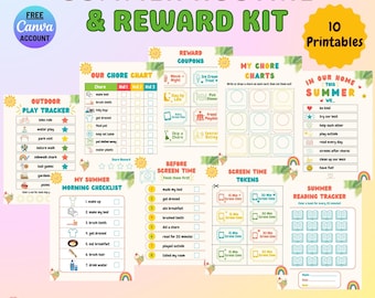 Editable Summer Routine Kit for Kids, Printable Chore Chart and Reward Coupons, Canva Digital Download