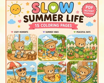 Kawaii Bear Summer Coloring Book | Cute Printable PDF | Kids Activity | Cozy Summer Scenes